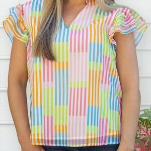 NWT Mary Square Colorful Striped Ruffle Sleeve Top size Large